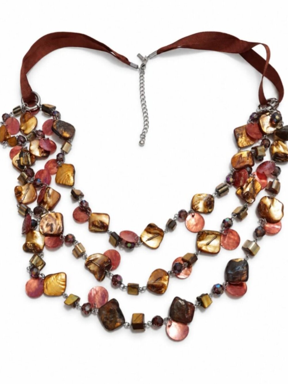 Earth-Tone Multistrand Beaded Statement Necklace with Brown Ribbon